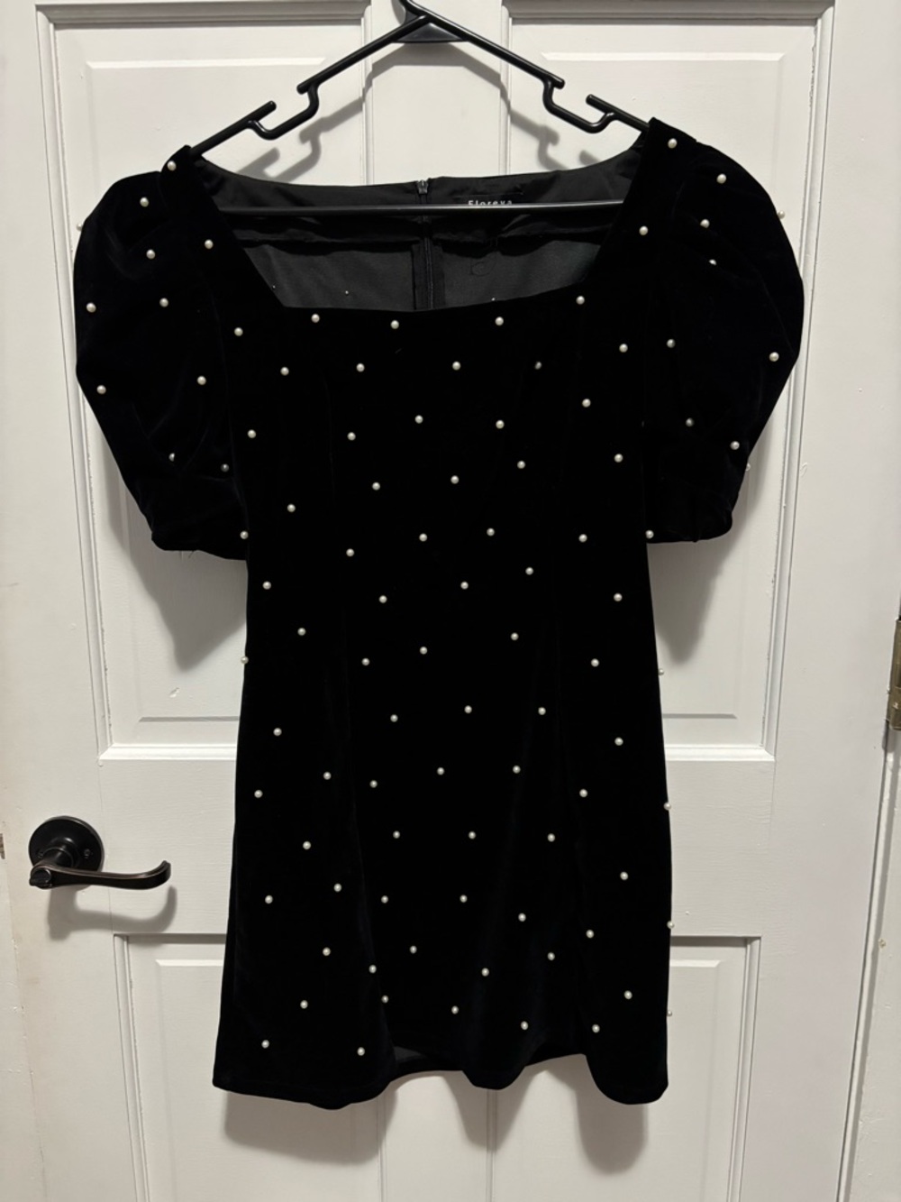 Black Velvet Pearl-Stud Mini Dress